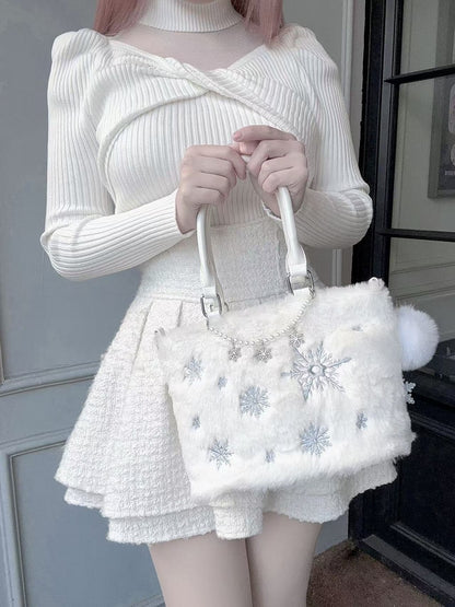 / Rhinestone Chain with Blue Tote Bag Light Beaded Chain Snowflake Embroidery Plush