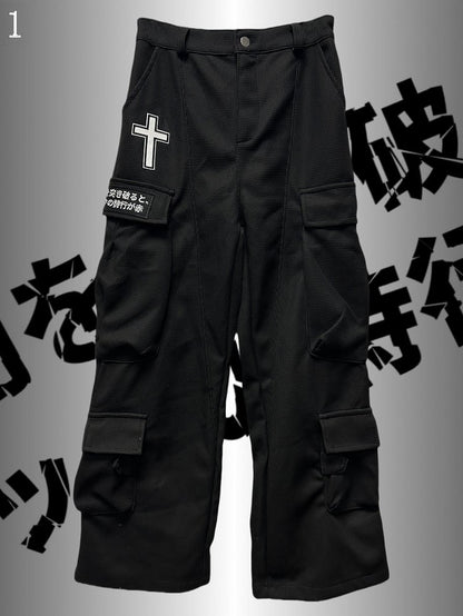 Applikation Schwarz Punk Weites Bein Cargo Kreuz Verziert Rock Taschen Hose Brief Und
