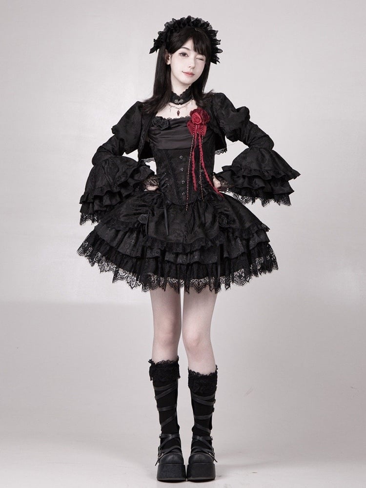 Black Drawstring Detail Gothic Lolita Layered Skirt
