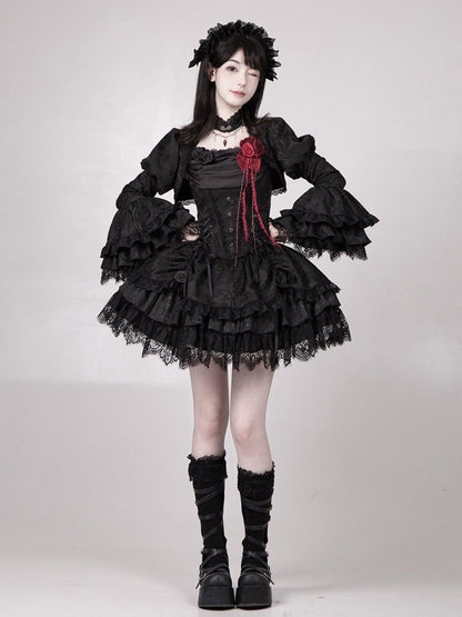 Black Drawstring Detail Gothic Lolita Layered Skirt