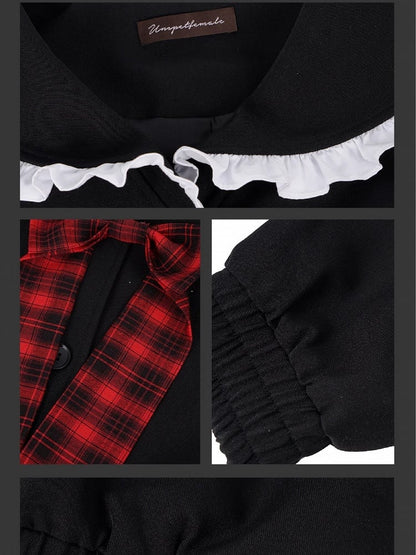 Black Sailor Collar Front Button Placket Top with Free Bowtie