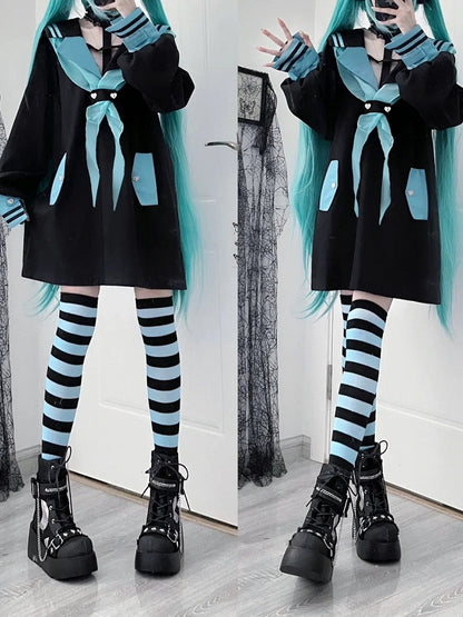 Style Landmine Black Futuristic Sailor Collar  Cross Halter Neck Long Top with Contrast Green