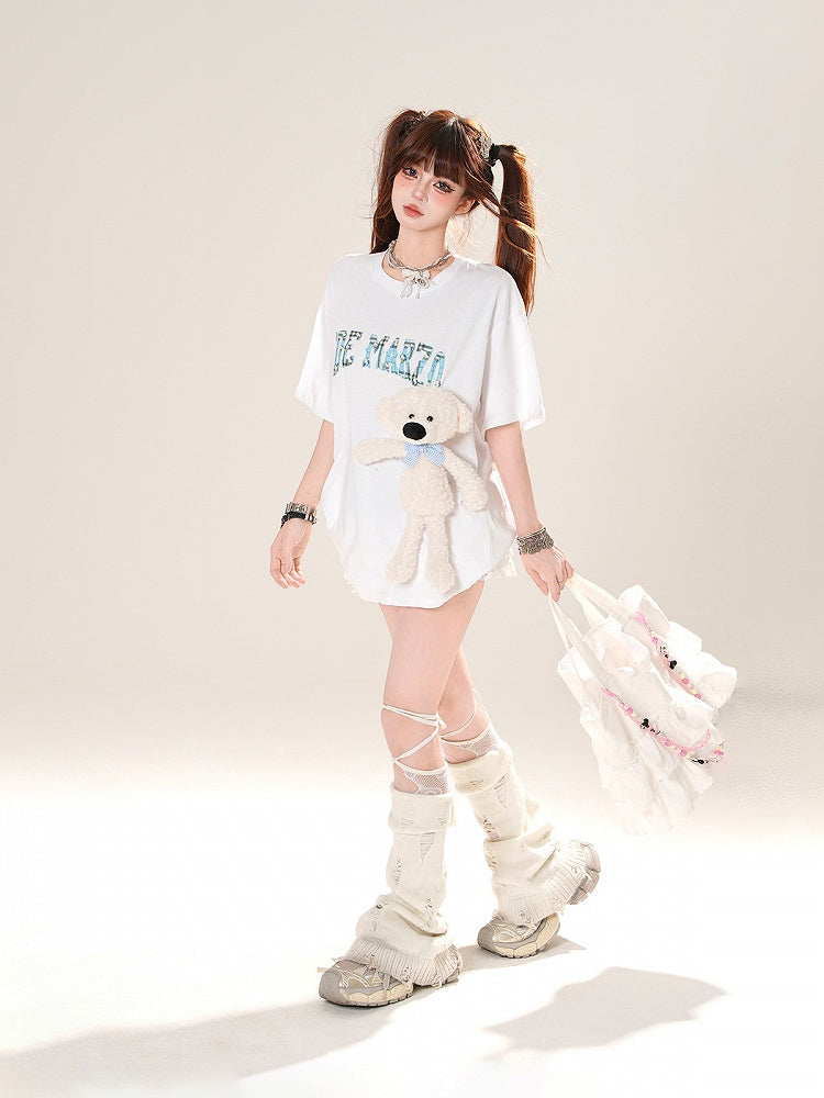 Black/White Round Neck Letter Print T-Shirt with Adorable Bear Plushie