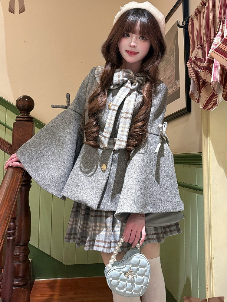 Grey Preppy Style Bell Sleeves Jacket with Plaid Bow Accent + Grey Plaid Pleated Skirt Set