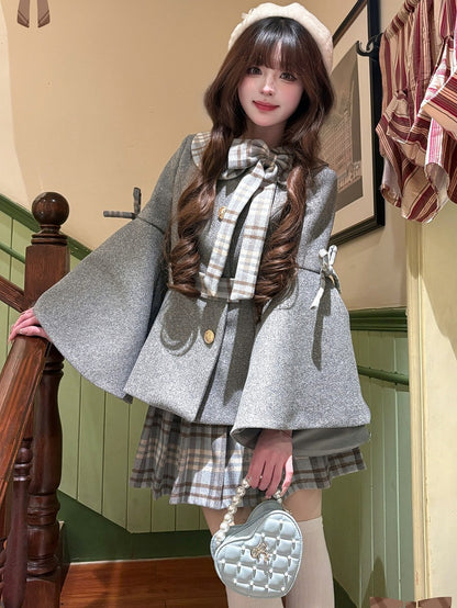 Grey Preppy Style Bell Sleeves Jacket with Plaid Bow Accent + Grey Plaid Pleated Skirt Set