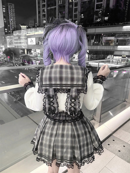 Plaid Gray Kei Style Waist Jirai High Skirt Lace-up with