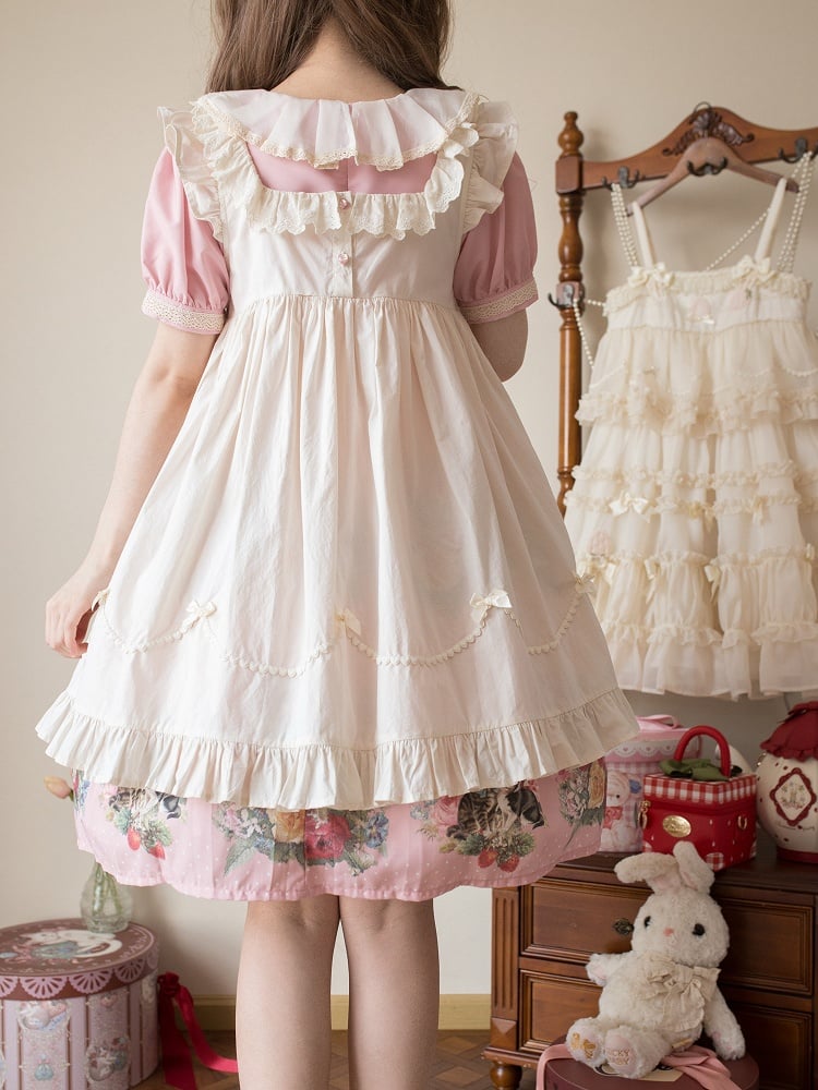 Robe longue beige en coton à taille haute et appliques de fraises
