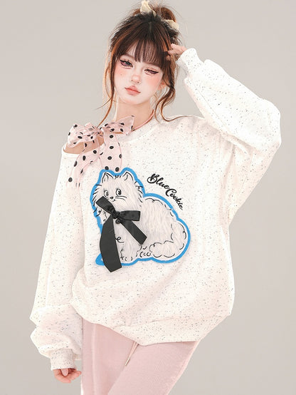 White/Blue Cute Kitty Applique Cutout Shoulder Sweatshirt Self-tie Ribbon