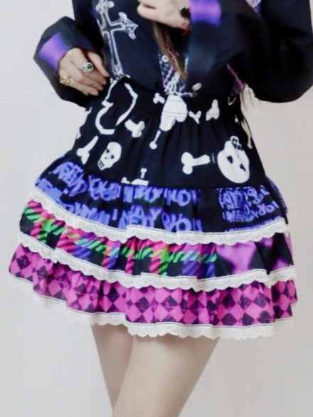 And Red Diamond Heart Pattern Print Y2K Skeleton Skirt Rose Bone Tiered