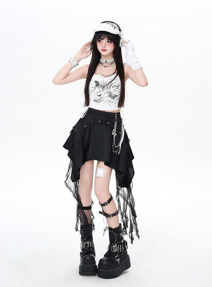 Punk Rock Skirt with Cascading Lace Ruffles and Handkerchief Hem Black