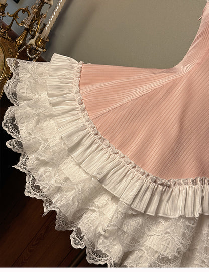 Pink Striped Fabric Slim Fit Waist White Layered Ruffle Neck Sweet Lolita Sleeveless Dress