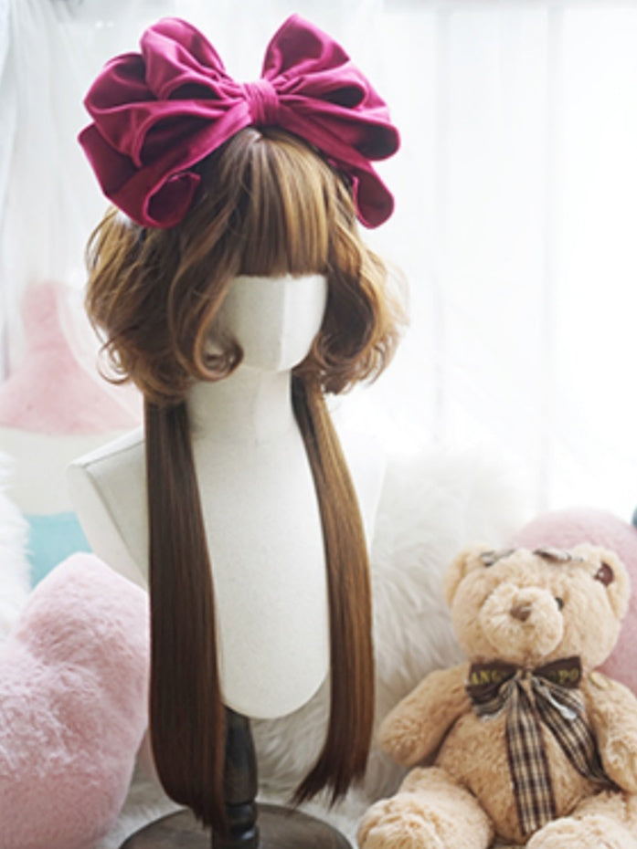 Black/Caramel/Khaki/Milk White Waist Length Curly Wig With Full Bangs