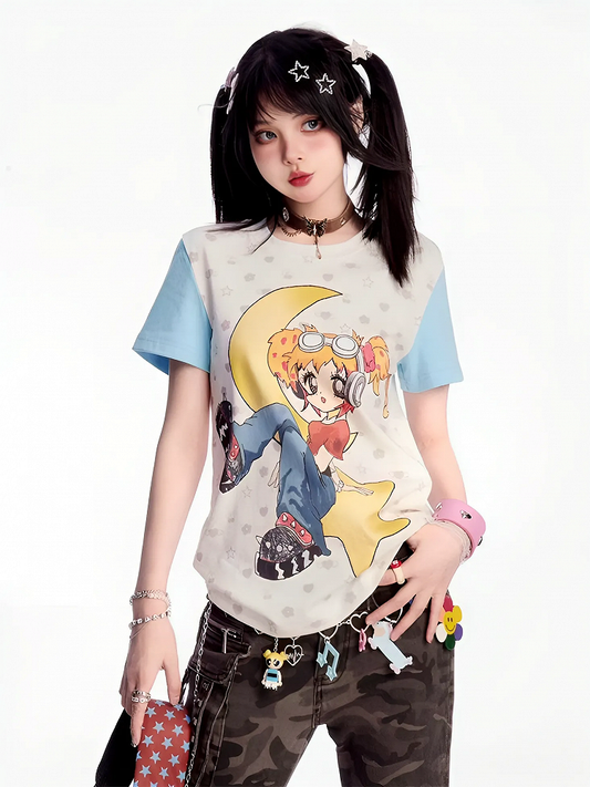 Cartoon Girl Y2K Blau Weiß Colorblock Design Print T-Shirt
