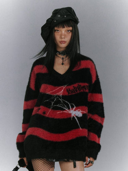 Black and Red Striped V-neck Punk Spider Sweater