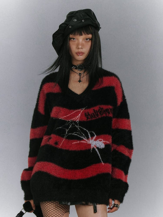 Black and Red Striped V-neck Punk Spider Sweater