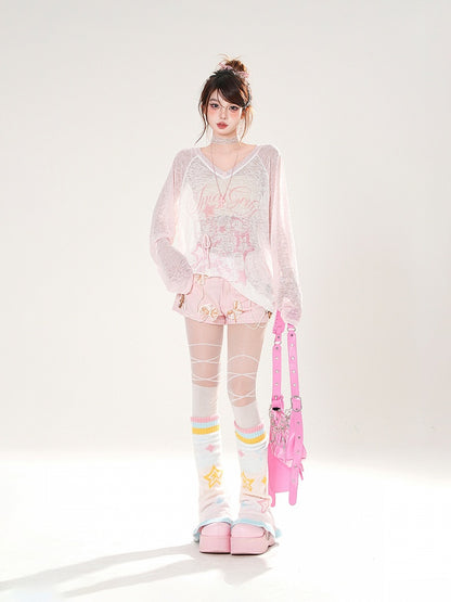 Dark Gray/White/Pink Bowknots Embellished Shorts with Beaded Chains