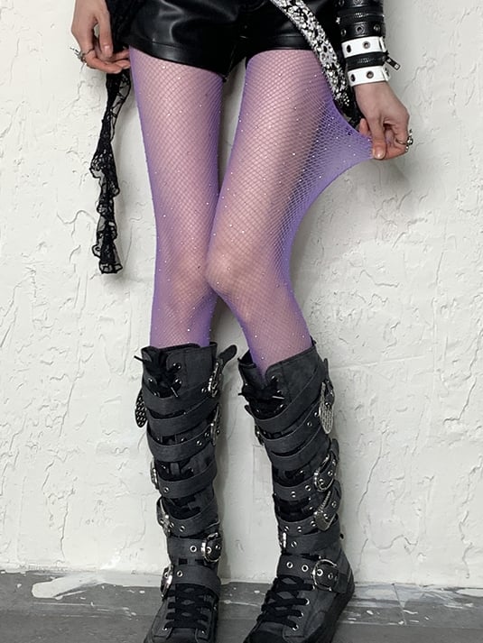 Fishnet Purple Tights Y2K Rhinestone