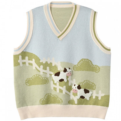 Green Pasture Cow Pattern Knitted Vest
