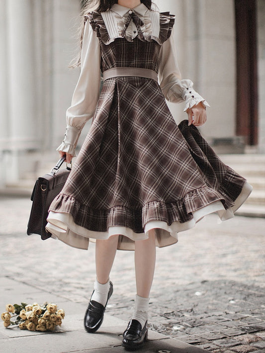 Two-pieces Fake Pattern Plaid Belt with Dress Brown