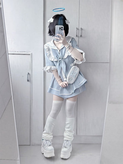 Light Blue Jirai Kei Full Set Sailor Collor Detachable Sleeves Dress