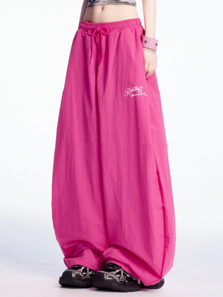 Rose Red Drawstring Waist and Cuffs Wide-leg Casual Pants