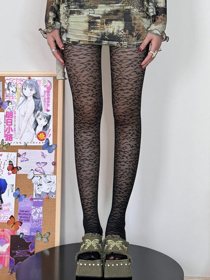 Leopard Pattern Tights Y2K Black