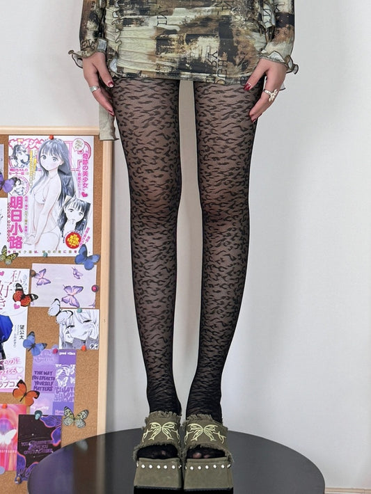 Leopard Pattern Tights Y2K Black