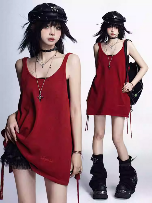 Bustier Tank Top Black Glamorous Red Side Slit Vintage Set with Top