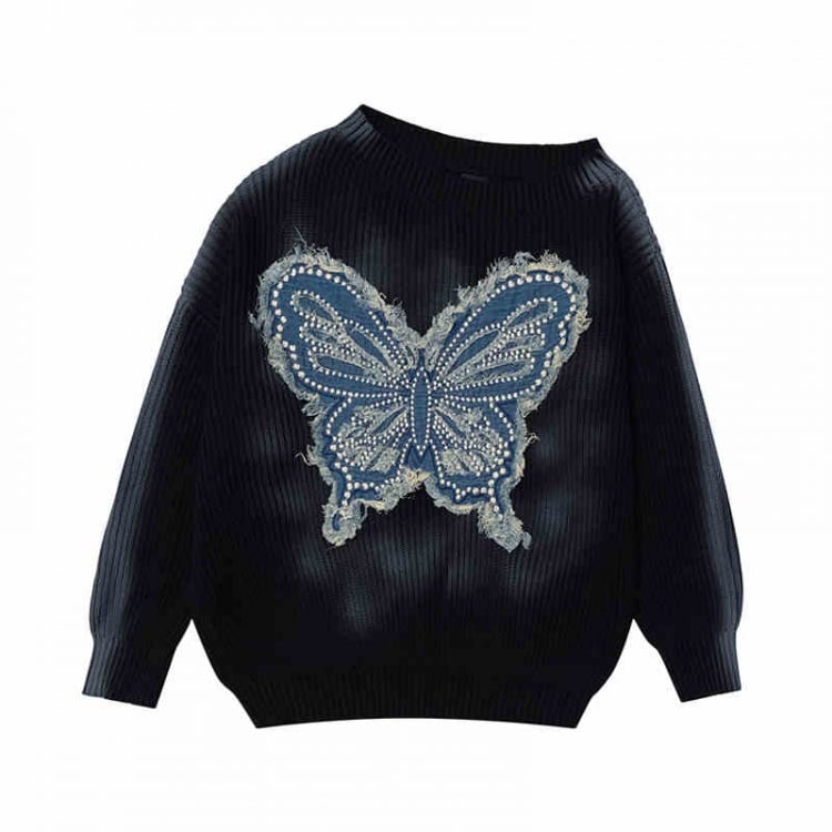 Wasteland Punk Butterfly Applique Black Asymmetrical Neckline Sweater