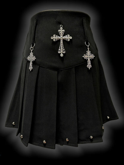 Y2K Black Cross Charms High Waist Studs Punk Pleated Skirt