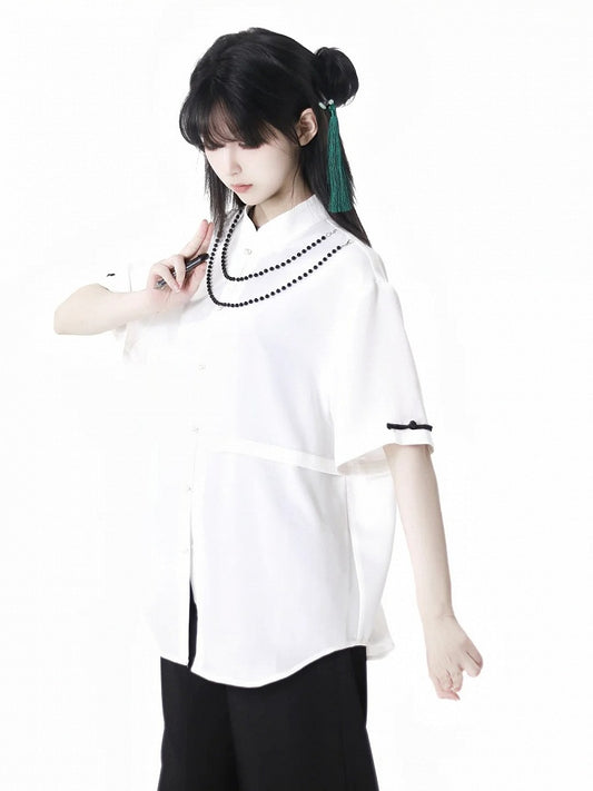 White Banded Collar Cheongsam Style Shirt with Detachable Beaded Chains