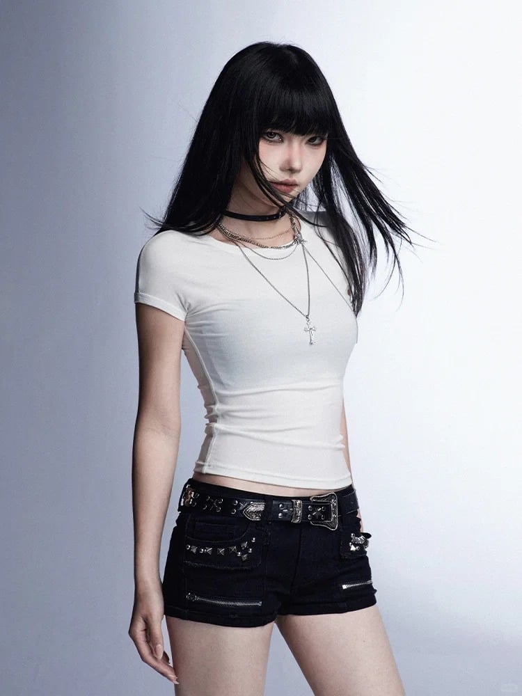 Shorts with Detail Black Low Waist Studded Glamorous Zippers