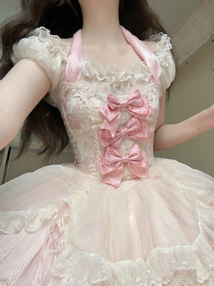 Pink Corset Waist Balletcore Princess Halter Neck Lolita Dress