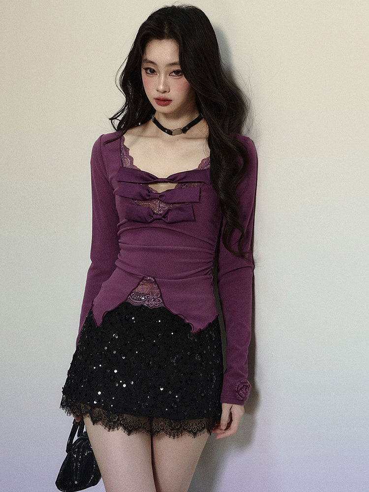 Purple Bow Accents Lace Trim V-neck Long Sleeves Top