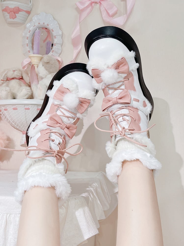 White Plush Bunny Ear Bow Platform Fleece Ankle Boots