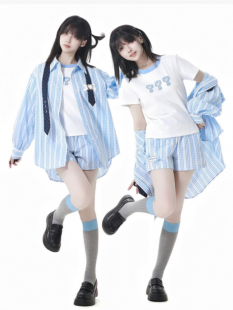 Blue  White Elastic Waist Plaid Shorts