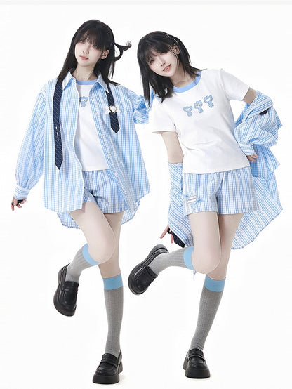 Blue  White Elastic Waist Plaid Shorts