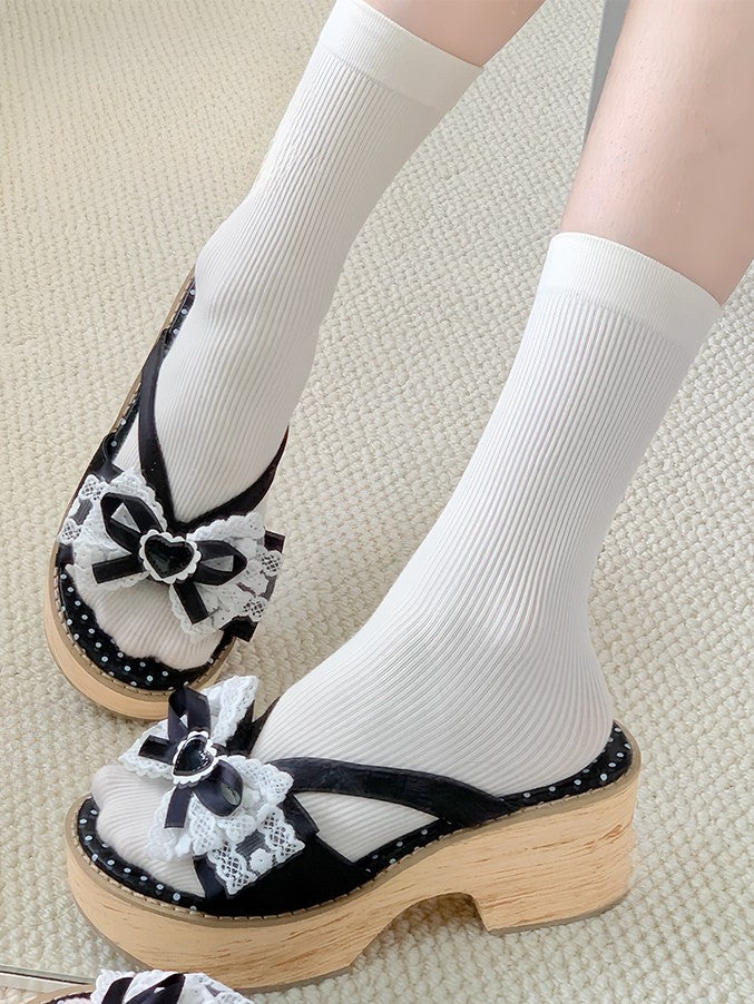 Bow Wa Heart Black White Applique Lolita Comfy Lace Slippers - Trimmed