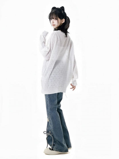 Bow Accents Flared Jeans Blue Faded Wash Distressed Holes Light
