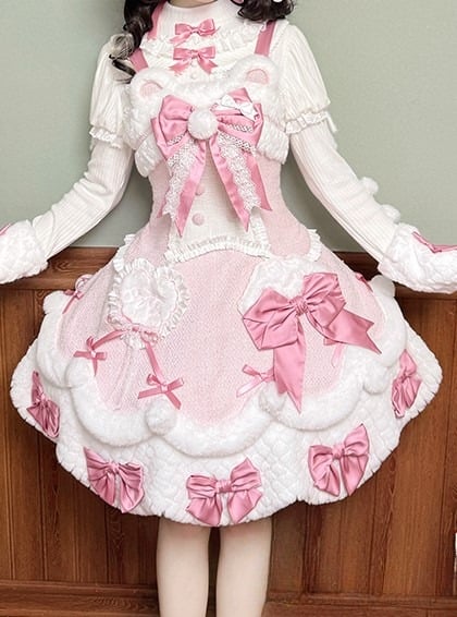 White Bow Applique Sweetheart Plush Pink Details Lolita Dress with and Sweet Accents