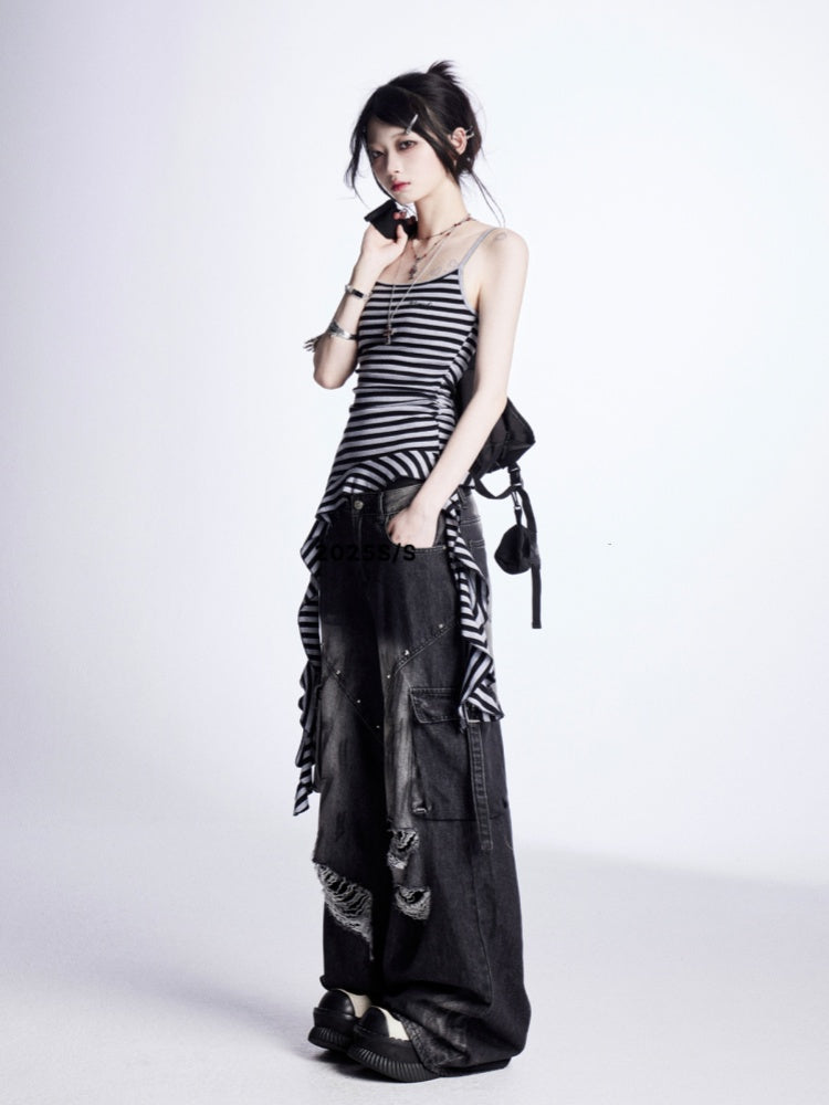 Vintage Black  Grey Stripes Cascading Ruffle Accents Cami Top