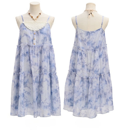 Halter Neck Tie Patches Blue Chiffon Dress Slip Beaded Loose Dye Lace Chain