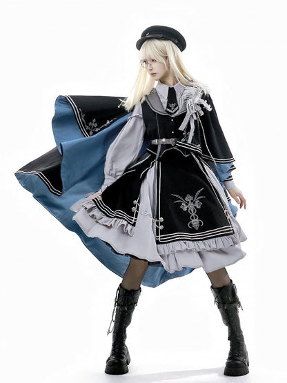 Shirt + Lolita Waistcoat Sleeves Set- Black Long Gray And Skirt Military