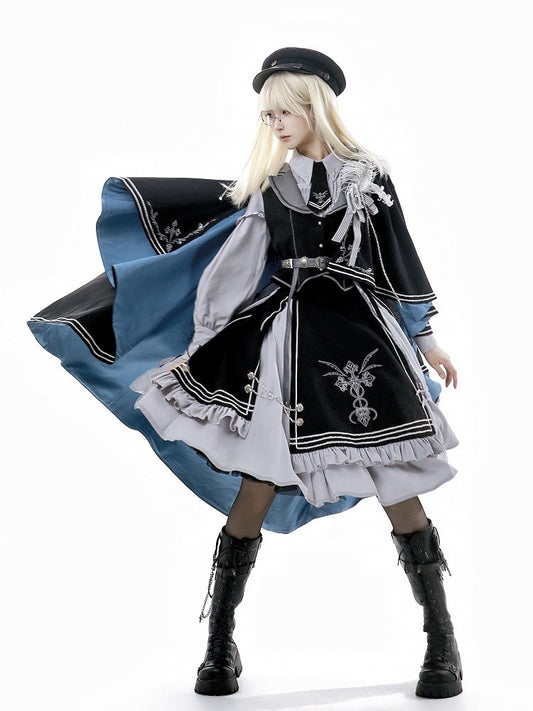 Shirt + Lolita Waistcoat Sleeves Set- Black Long Gray And Skirt Military