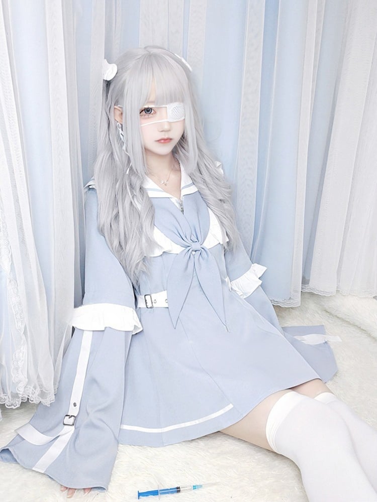 Light Blue Jirai Kei Full Set Sailor Collor Detachable Sleeves Dress