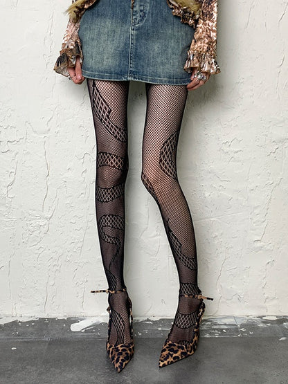 Black Y2K Snake Pattern Hollow-out Tights