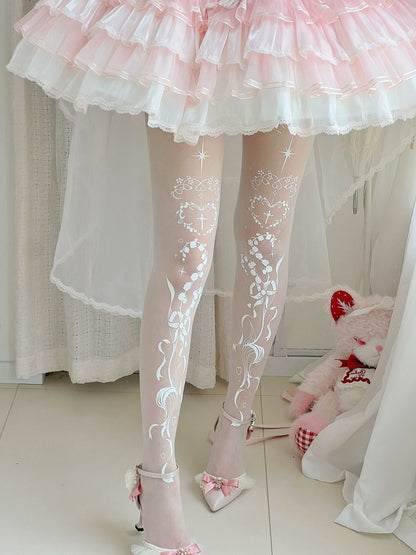Tights Gothic Lily of the Valley and Cross Print Shiro Lolita