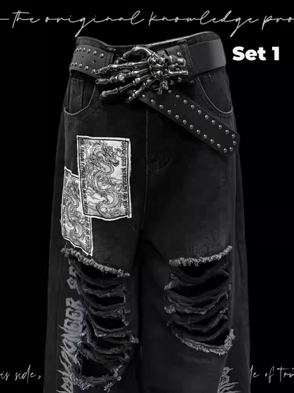 Black Punk Print Dragon Holes Hem Jeans Distressed Appliques Raw