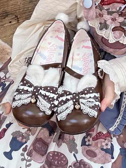 Lolita Bunny Schuhe Pom Mary Jane Braun Süß mit Ohren Schwanz