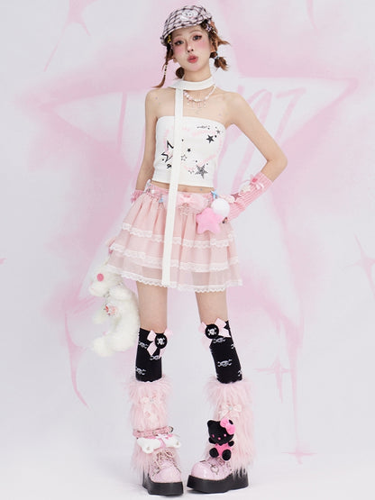 Pink Lace Trim Tiered Mini Skirt